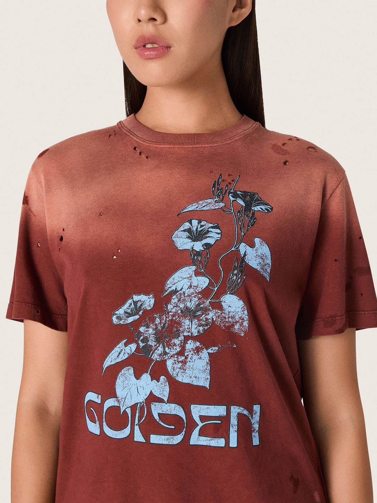 Golden Goose - Damen-T-Shirt aus rostfarbenem Baumwolljersey mit Blumenprint in 
