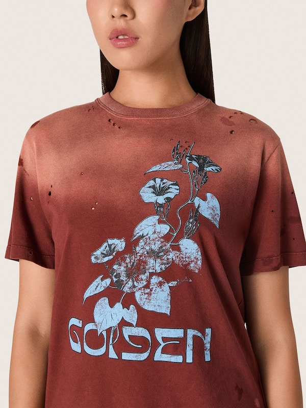 Golden Goose - Damen-T-Shirt aus rostfarbenem Baumwolljersey mit Blumenprint in 