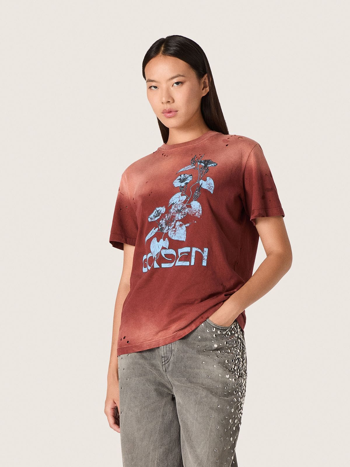 Golden Goose - Damen-T-Shirt aus rostfarbenem Baumwolljersey mit Blumenprint in 