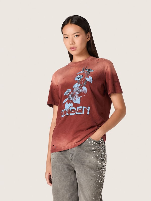 Golden Goose - Damen-T-Shirt aus rostfarbenem Baumwolljersey mit Blumenprint in 