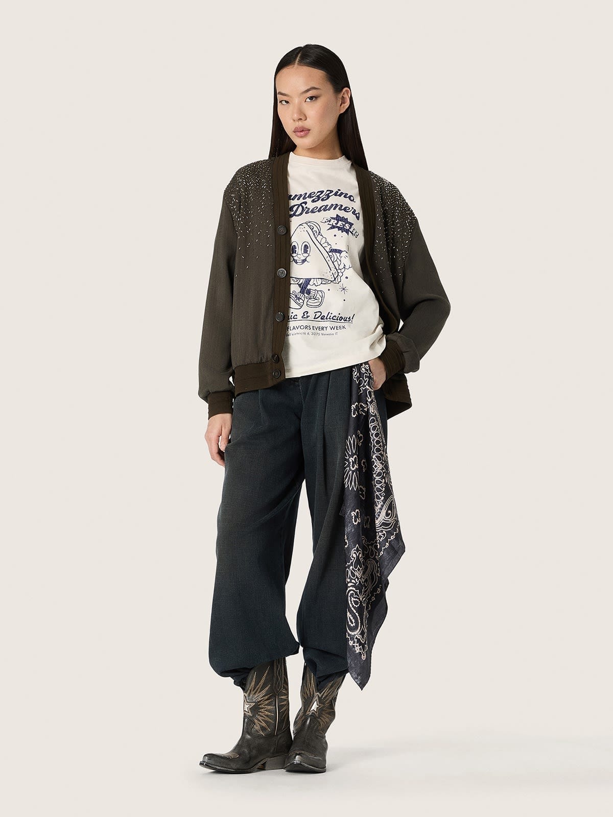 Golden Goose - Camiseta de mujer en tejido jersey de algod&oacute;n blanco con estampado azul in 