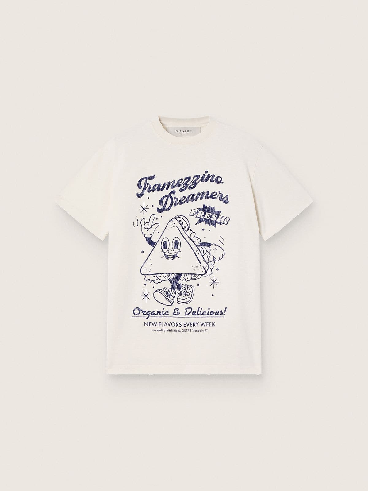 Golden Goose - Camiseta de mujer en tejido jersey de algod&oacute;n blanco con estampado azul in 