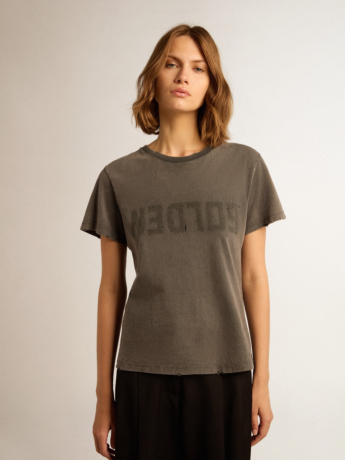 Distressed slim-fit T-shirt in anthracite gray | Golden Goose