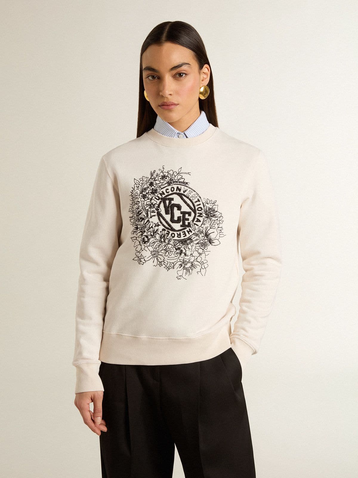 Golden Goose - Women’s worn-white cotton sweatshirt with embroidery in 