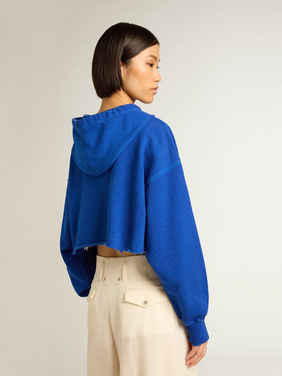 Blue cropped sweatshirt with zip fastening and hood | Golden Goose