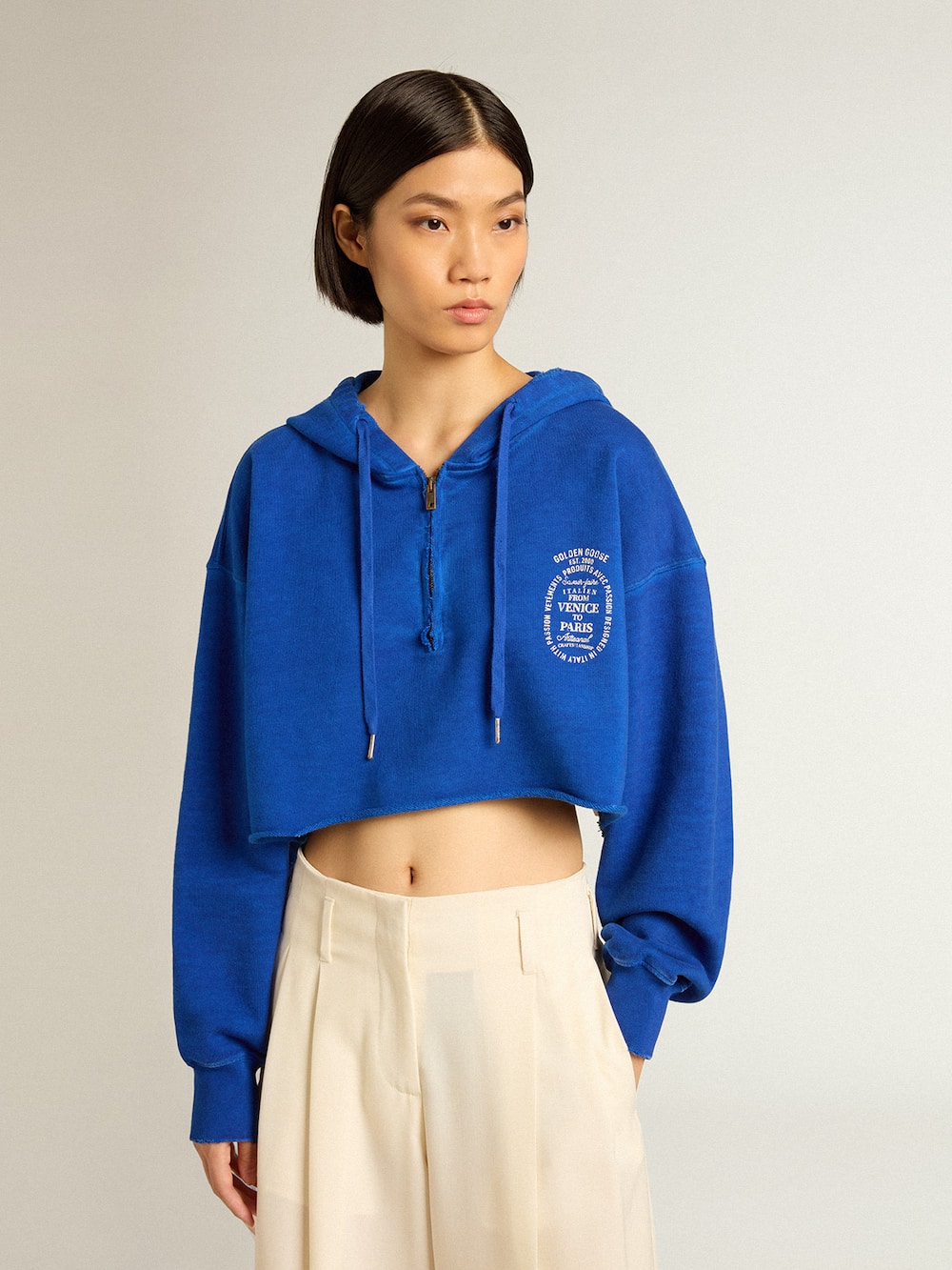 Golden Goose - Blue cropped sweatshirt with zip fastening and hood in 