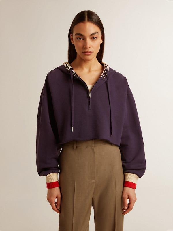 Golden Goose - Dark blue cropped sweatshirt with zip fastening and embroidered hood in 