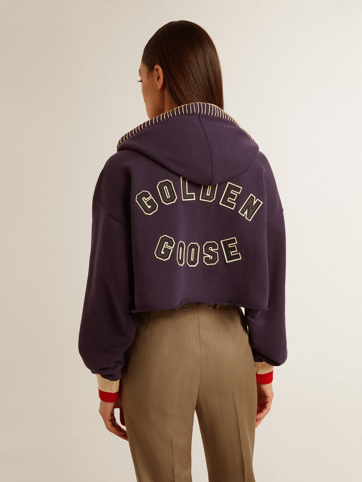 Golden Goose - Dunkelblaues Cropped-Sweatshirt mit Reißverschluss und bestickter Kapuze in 