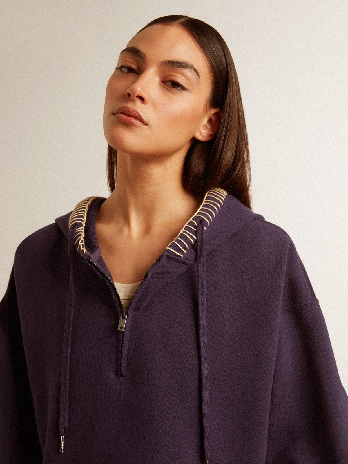 Golden Goose - Dark blue cropped sweatshirt with zip fastening and embroidered hood in 