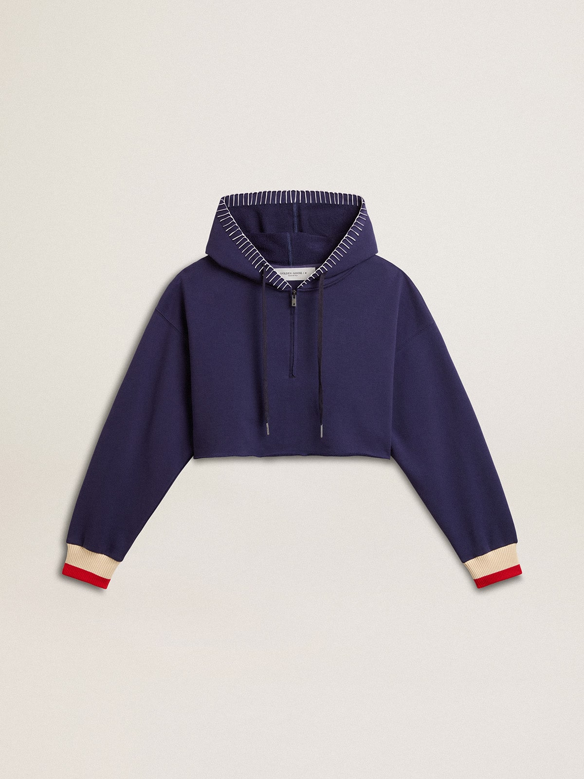 Dark blue cropped sweatshirt with zip fastening and embroidered hood