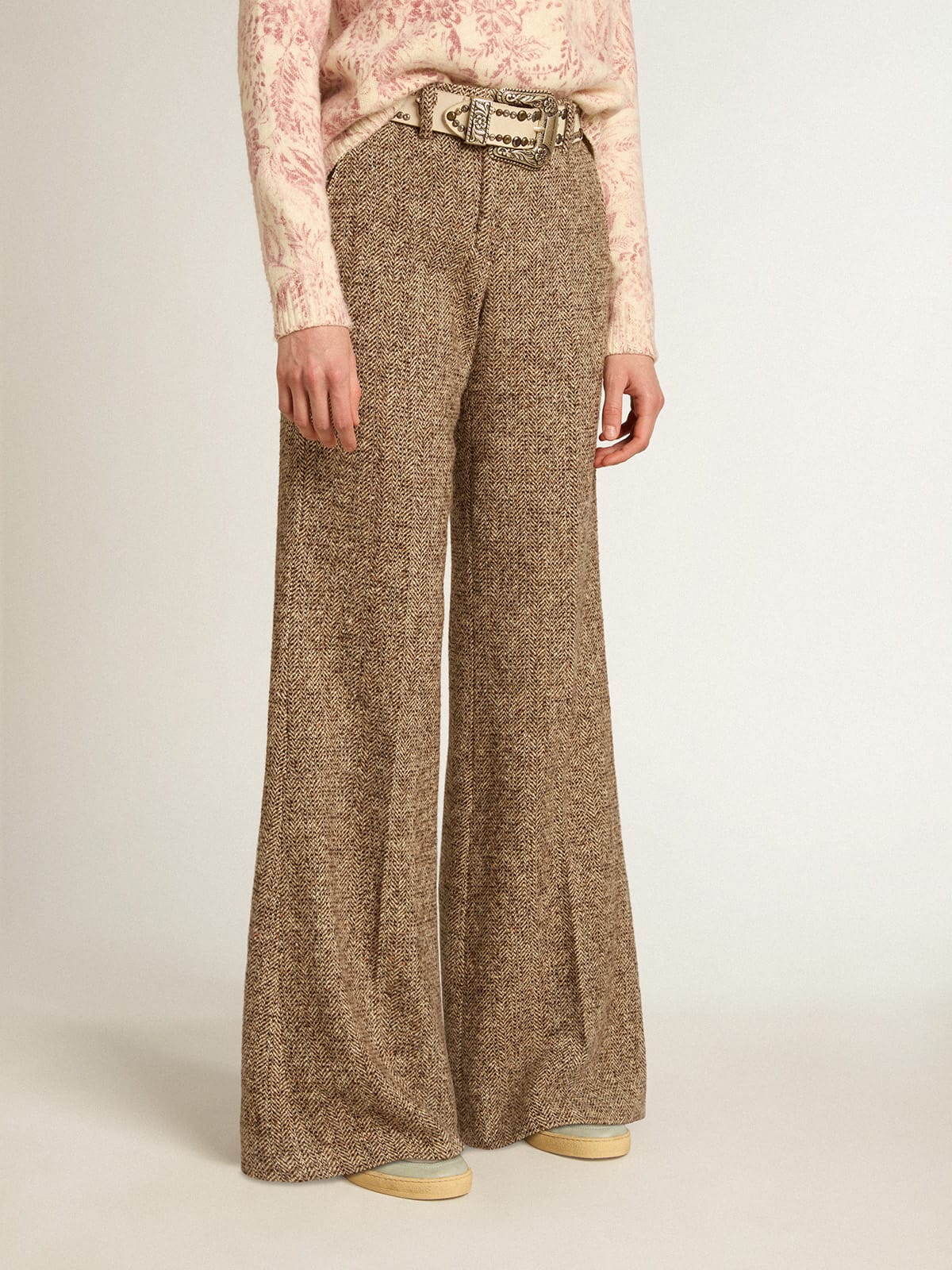 Golden Goose - Women’s pants in beige and brown wool and silk blend fabric in 