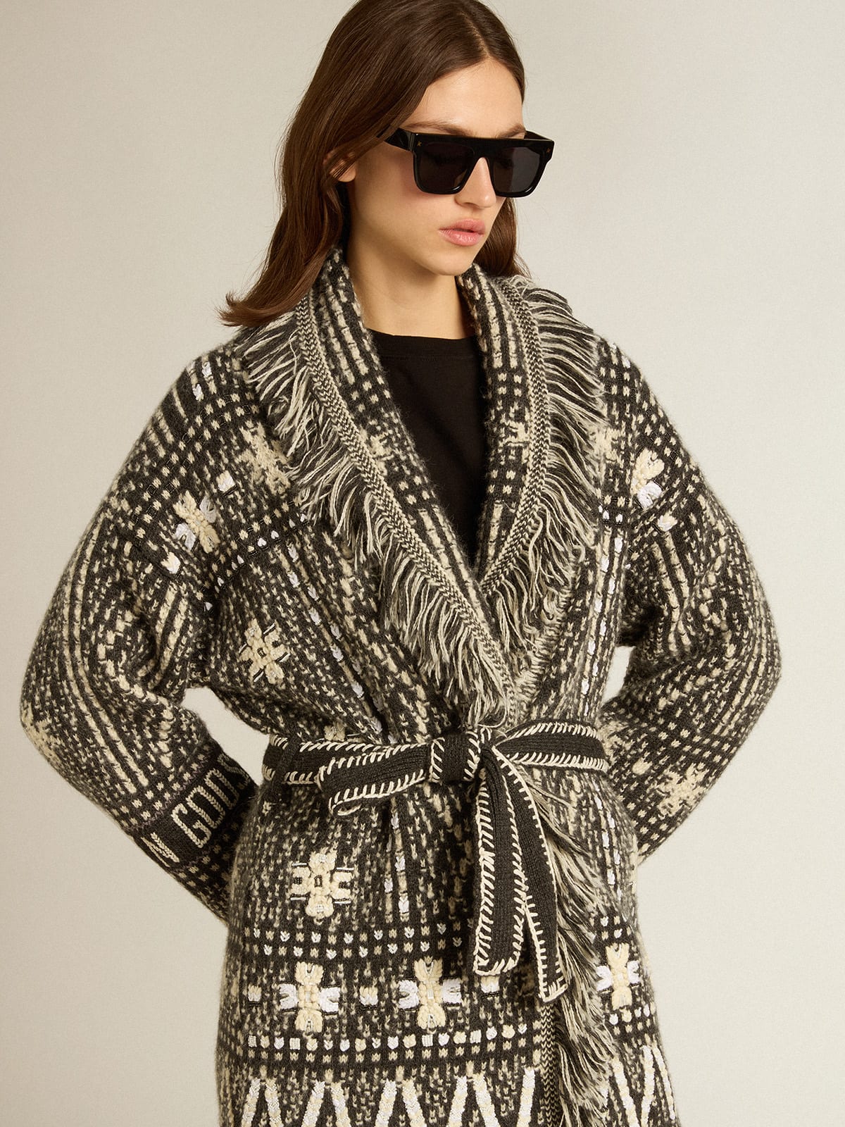 Cardigan with belt and dark gray Fair Isle pattern | Golden Goose