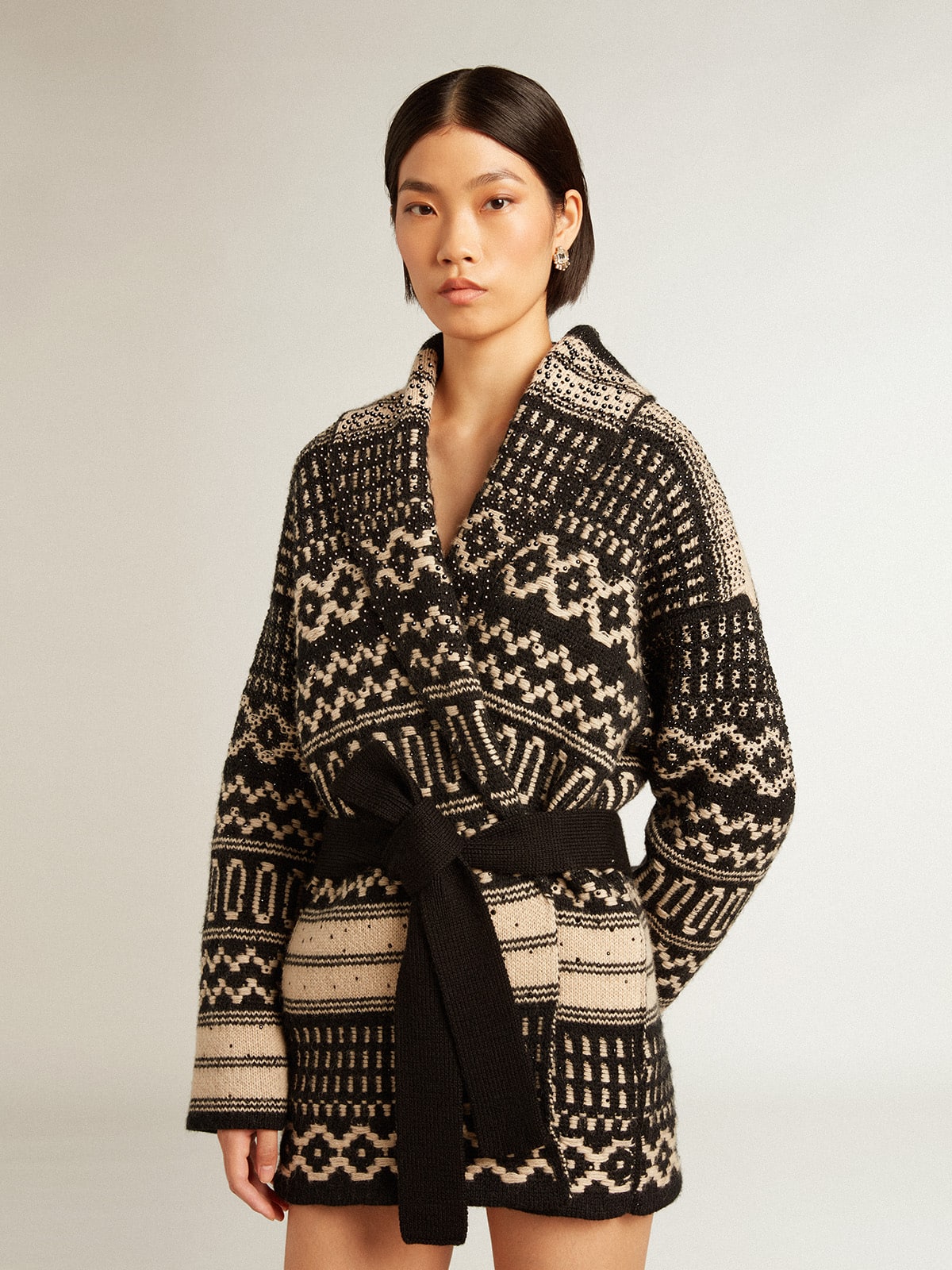 Golden Goose - Women’s cardigan in ecru wool with jacquard design and belt in 