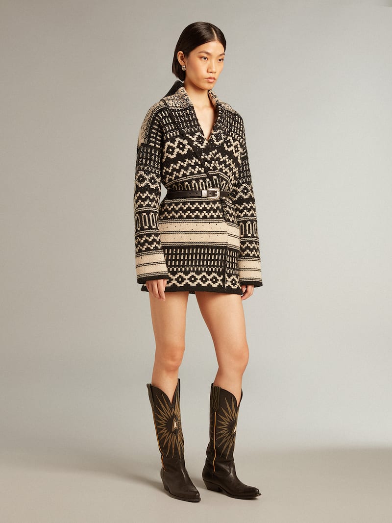 Golden Goose - Cardigan &eacute;cru femme en laine avec motif jacquard et ceinture in 