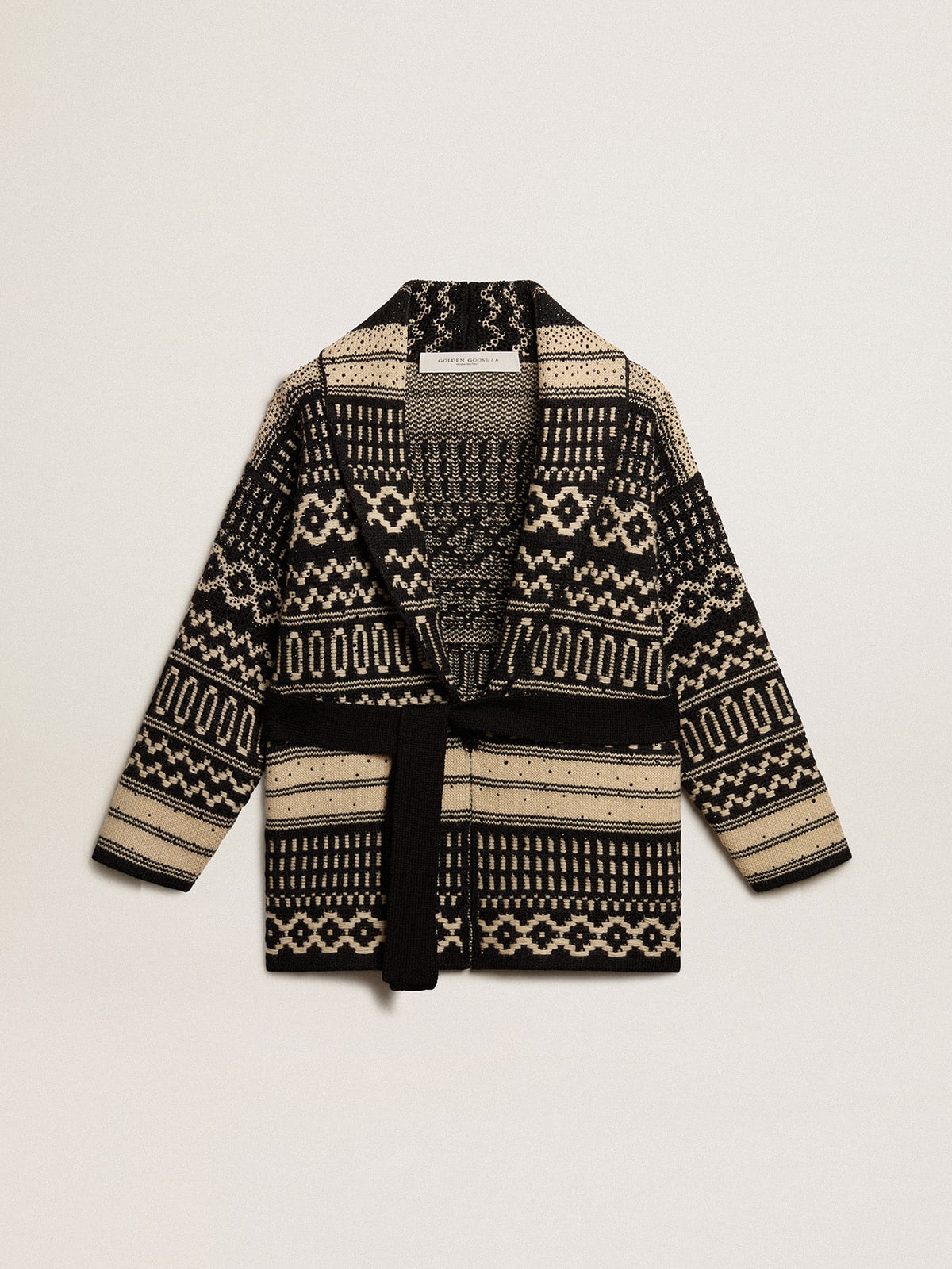 Golden Goose - Women’s cardigan in ecru wool with jacquard design and belt in 