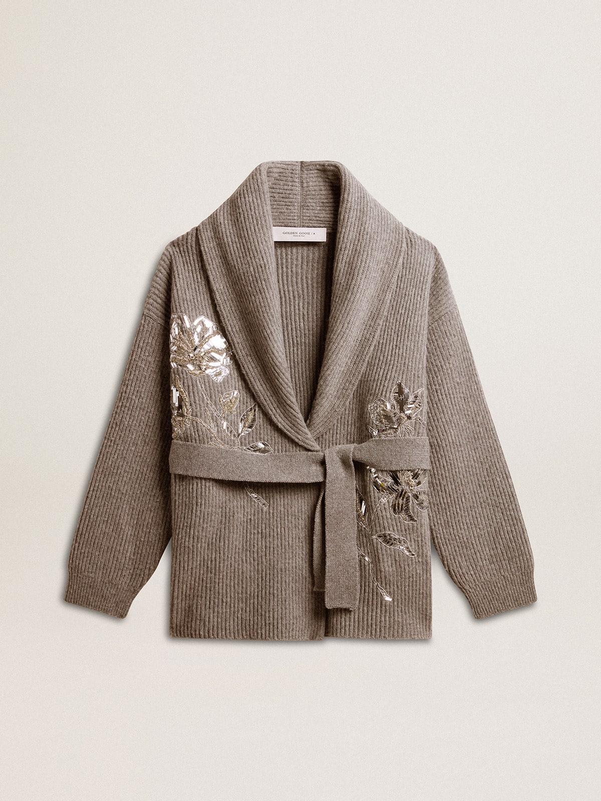 Golden Goose - Cardigan da donna in lana grigio melange con ricamo sul davanti in 