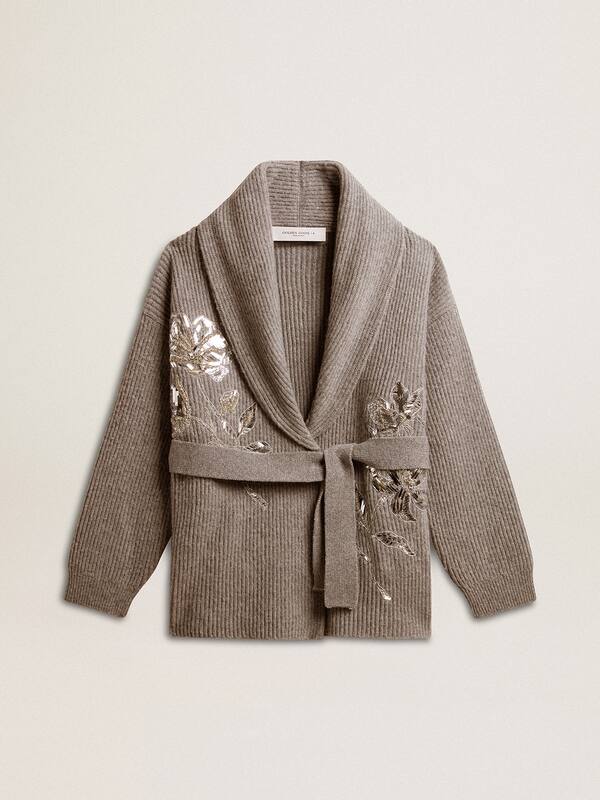 Golden Goose - Women's cardigan in gray melange wool with embroidery on the front in 