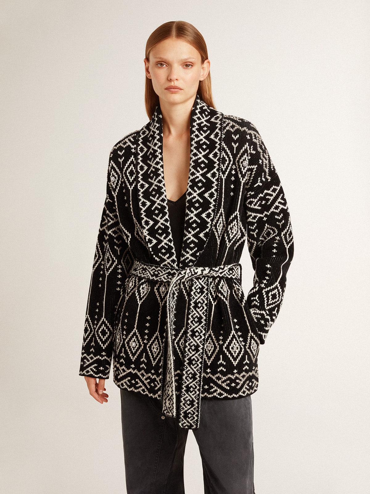 Cardigan noir pour femme avec ceinture et cristaux