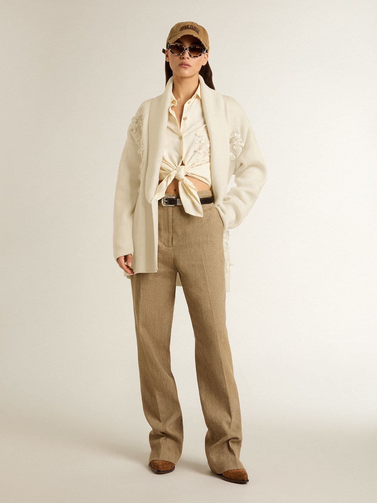Golden Goose - Cárdigan de mujer de algodón color nata con bordado floral in 