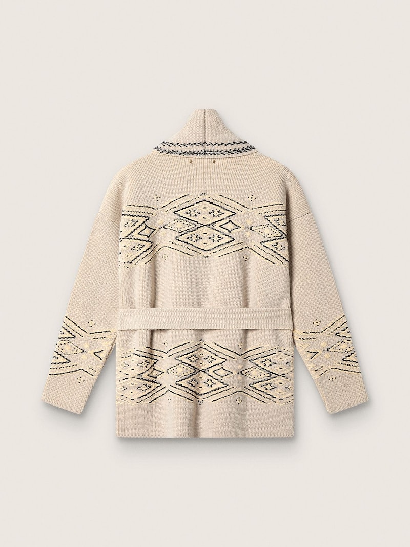 Golden Goose - Beigefarbener Damencardigan aus Wollmischung mit G&uuml;rtel und Kontraststickerei in 