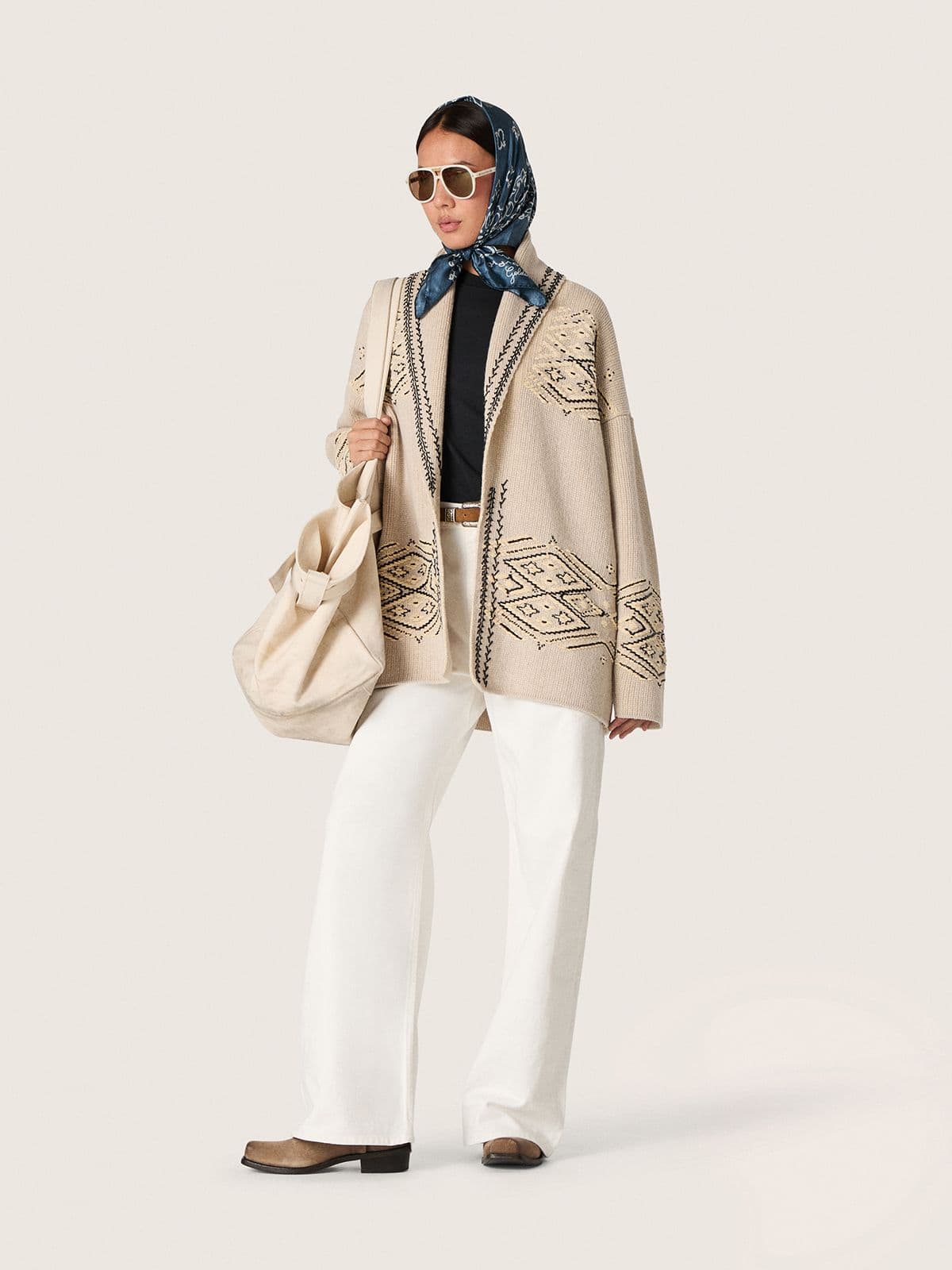 Golden Goose - Women's belted cardigan in beige wool blend with contrast embroidery in 