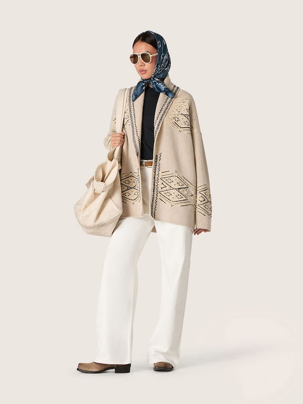 Golden Goose - Women's belted cardigan in beige wool blend with contrast embroidery in 