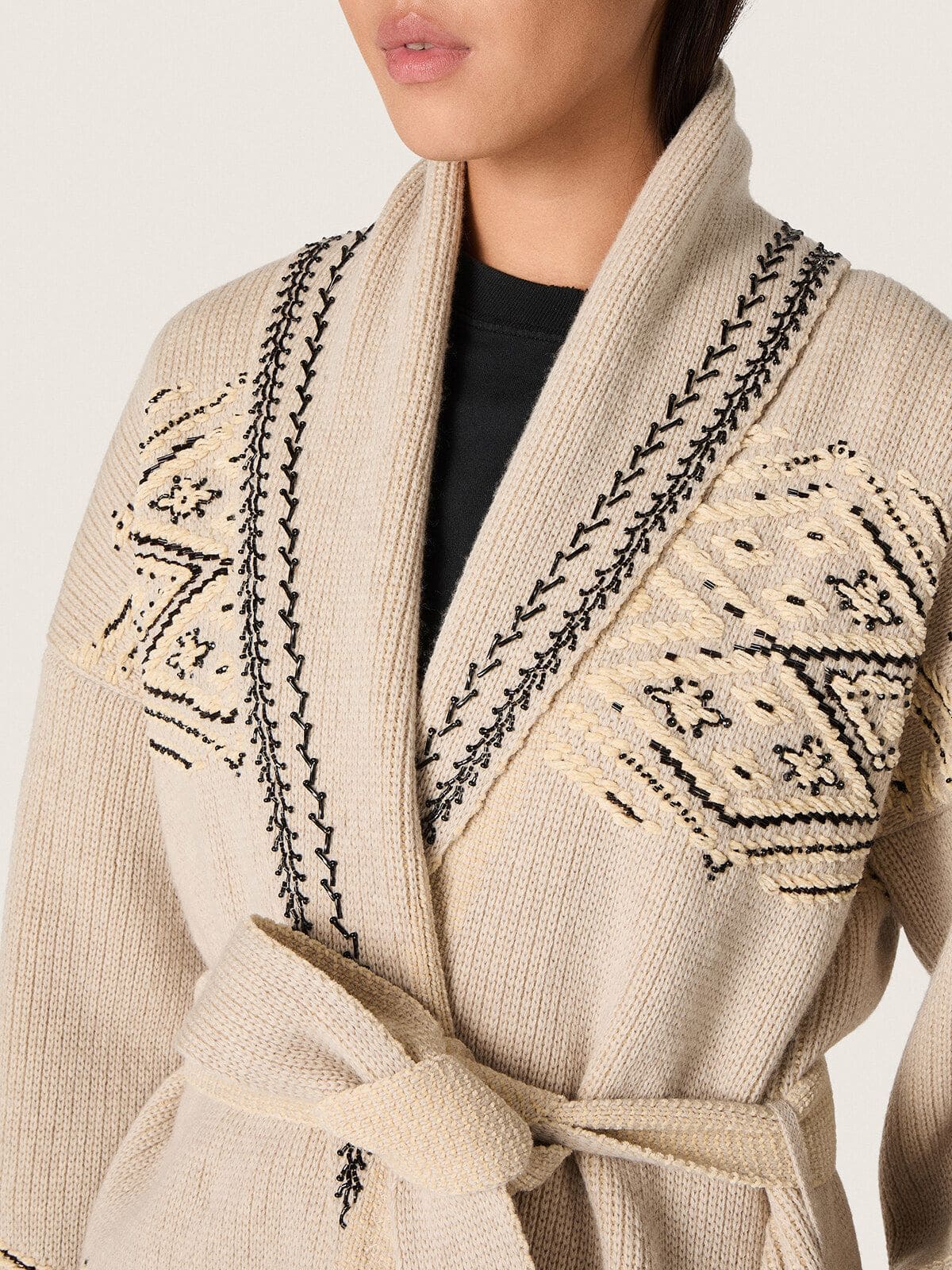 Golden Goose - Women's belted cardigan in beige wool blend with contrast embroidery in 