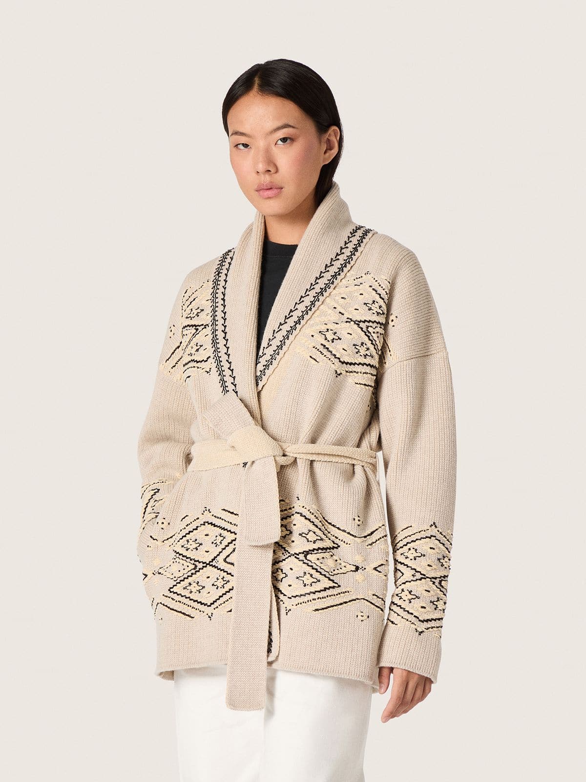 Golden Goose - Women's belted cardigan in beige wool blend with contrast embroidery in 