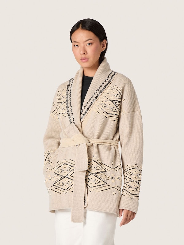 Golden Goose - Women's belted cardigan in beige wool blend with contrast embroidery in 