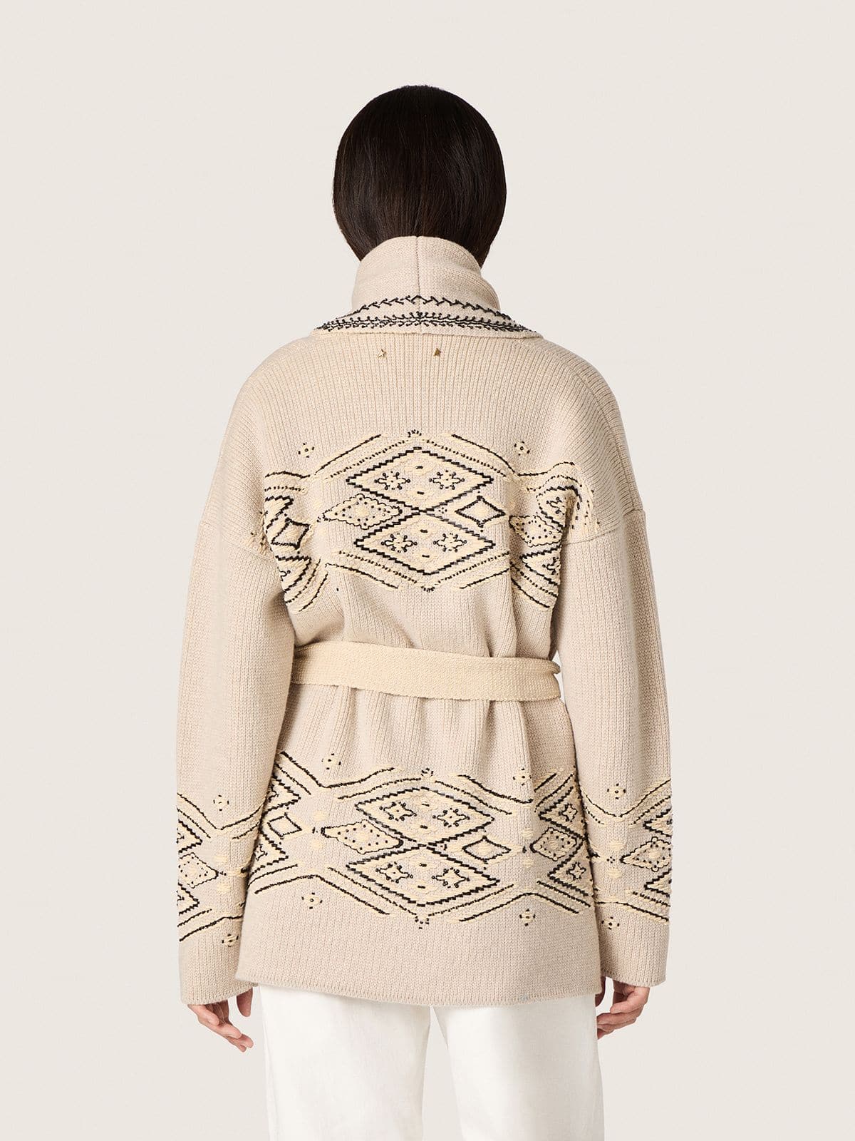 Golden Goose - Women's belted cardigan in beige wool blend with contrast embroidery in 