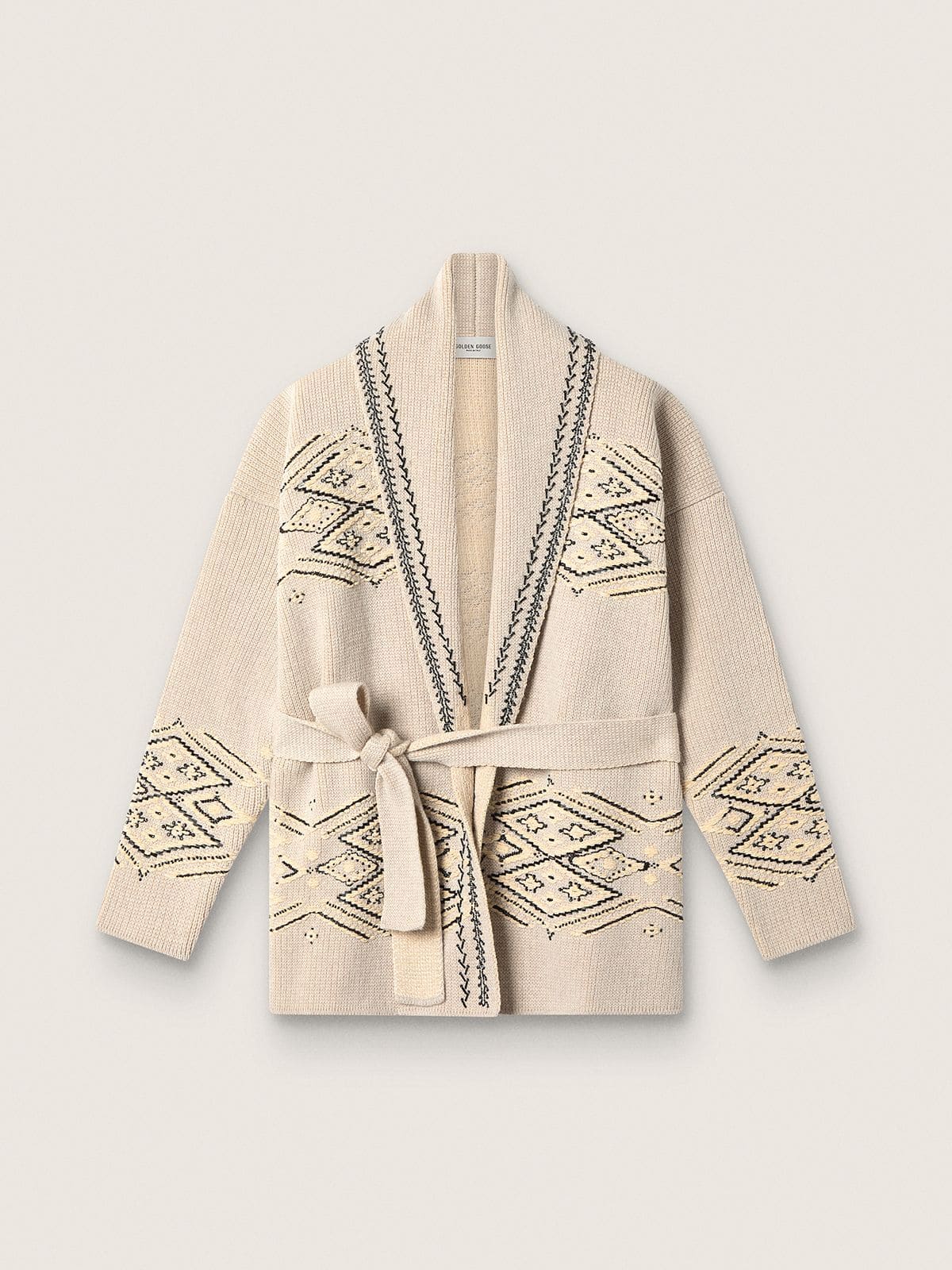 Golden Goose - Women's belted cardigan in beige wool blend with contrast embroidery in 