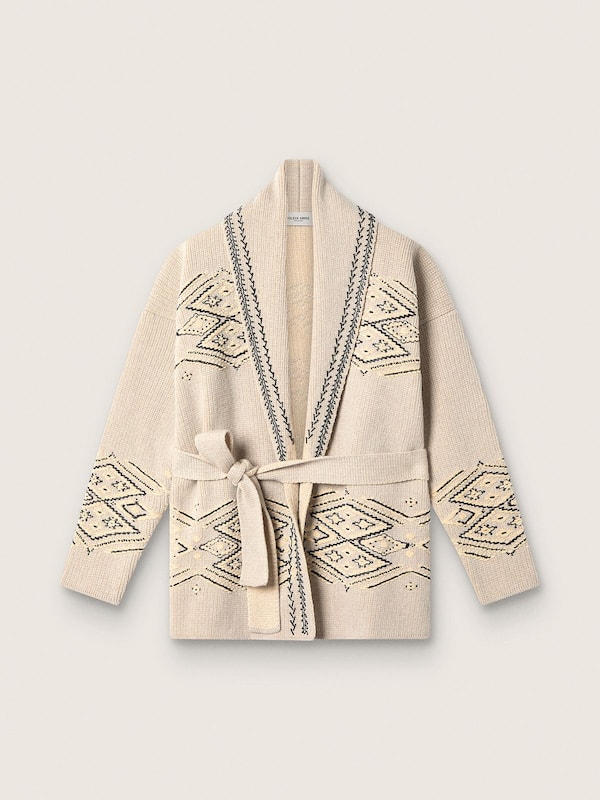 Golden Goose - Women's belted cardigan in beige wool blend with contrast embroidery in 
