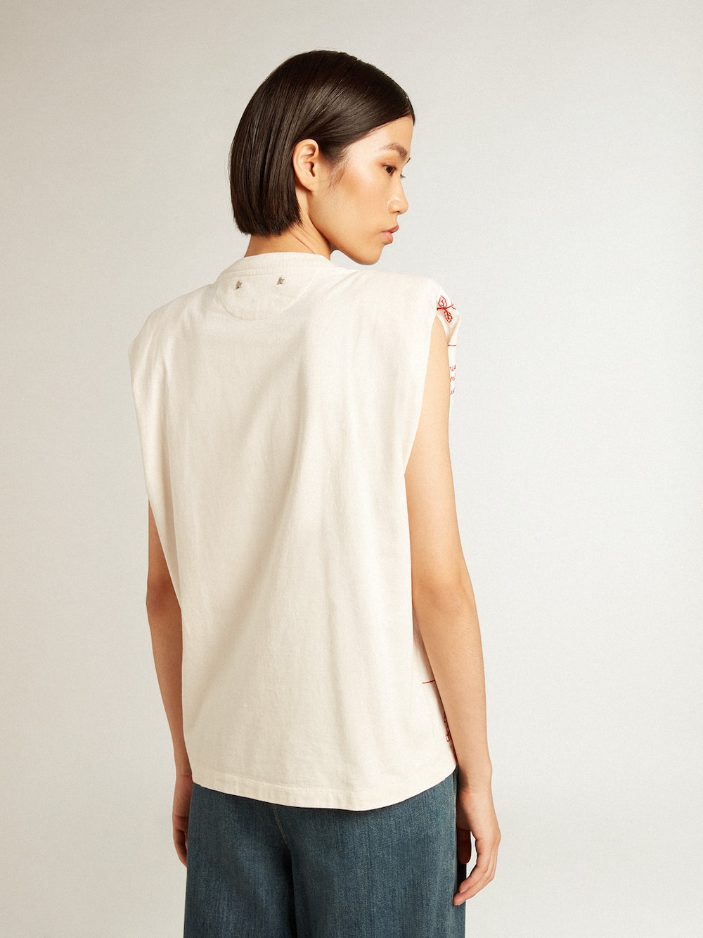 Golden Goose - Aged white sleeveless T-shirt with red embroidery on the front in 