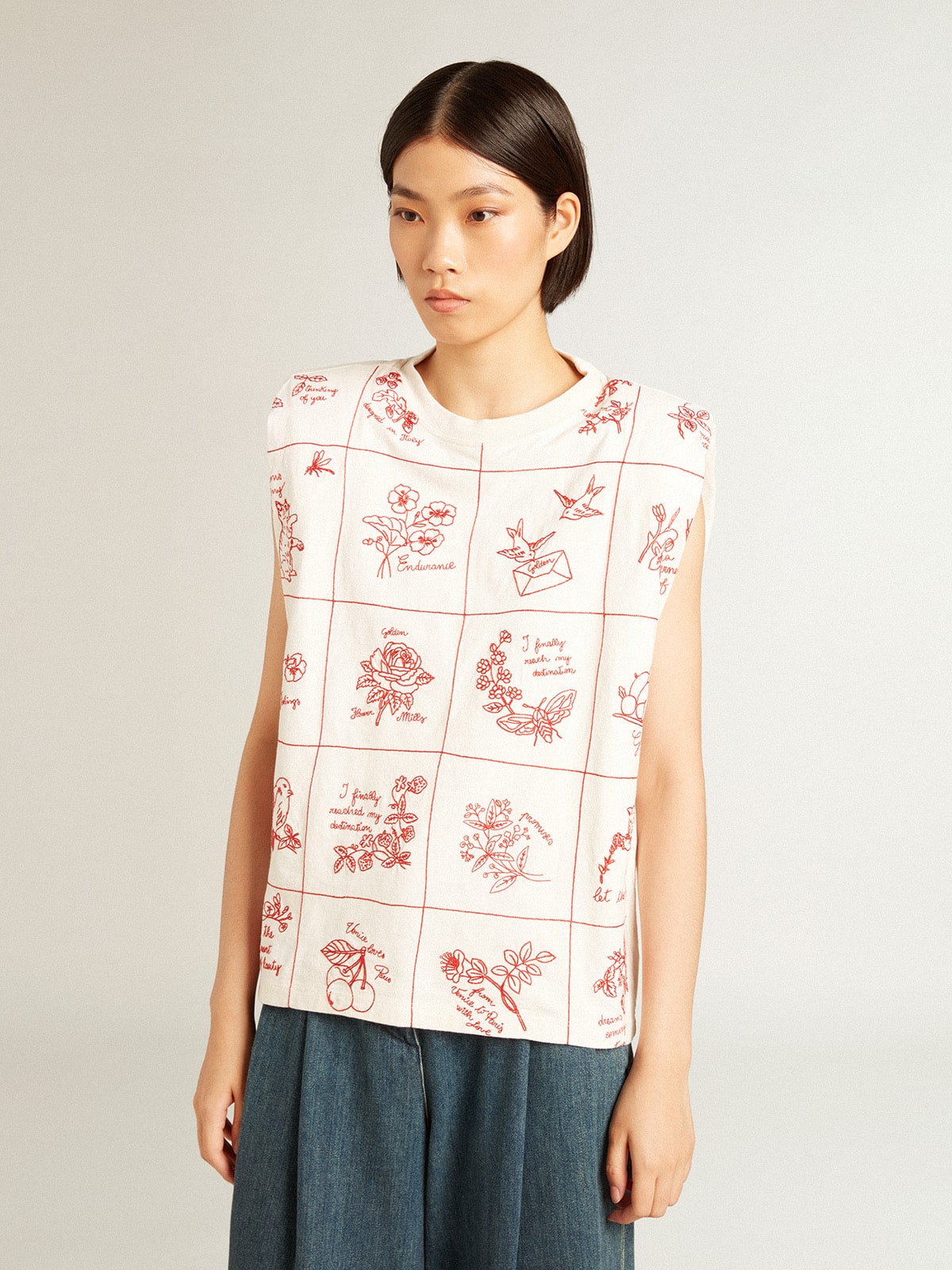 Golden Goose - Aged white sleeveless T-shirt with red embroidery on the front in 