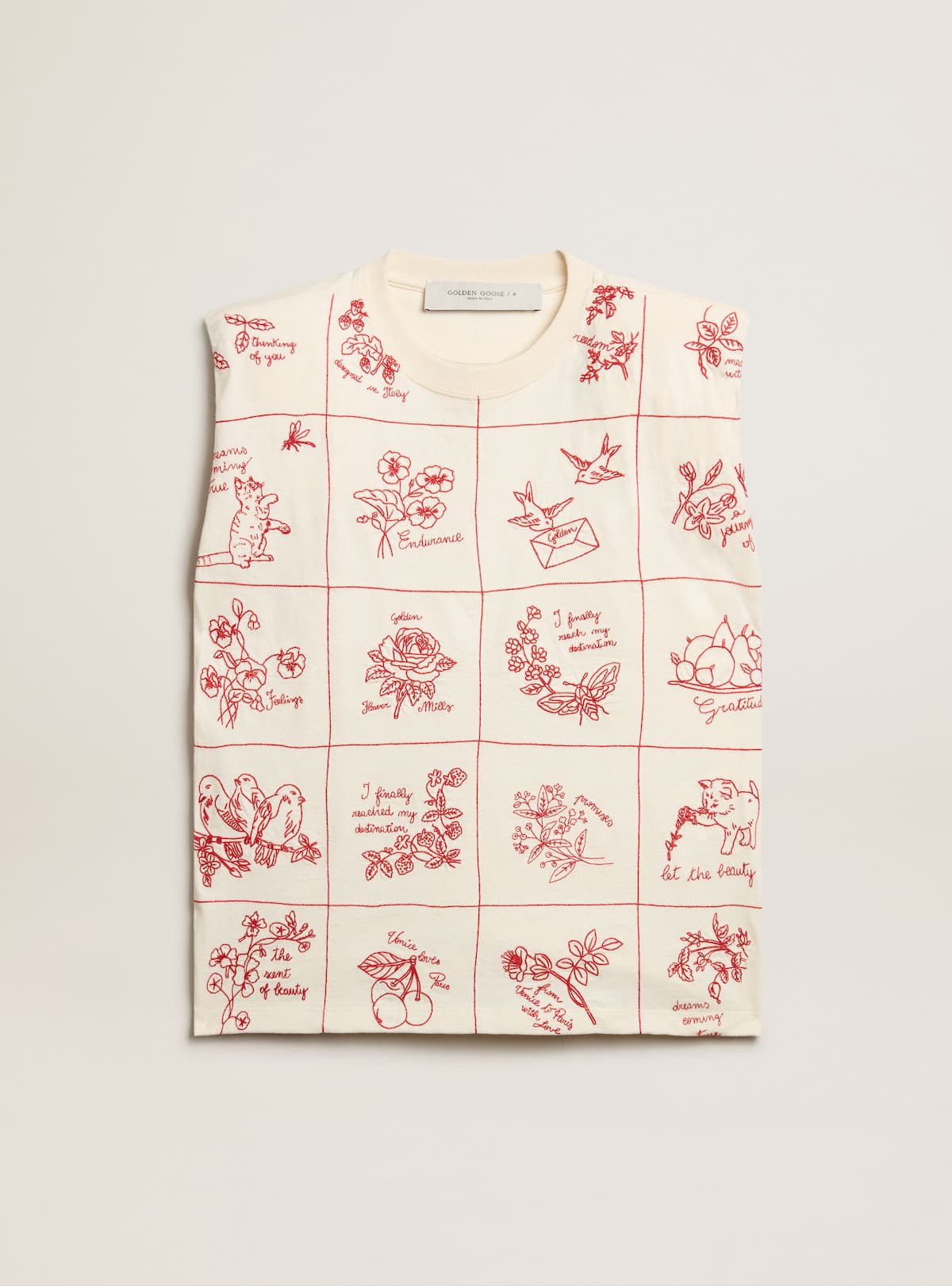 Golden Goose - Ärmelloses T-Shirt in Lived-in-White mit roter Stickerei vorne in 