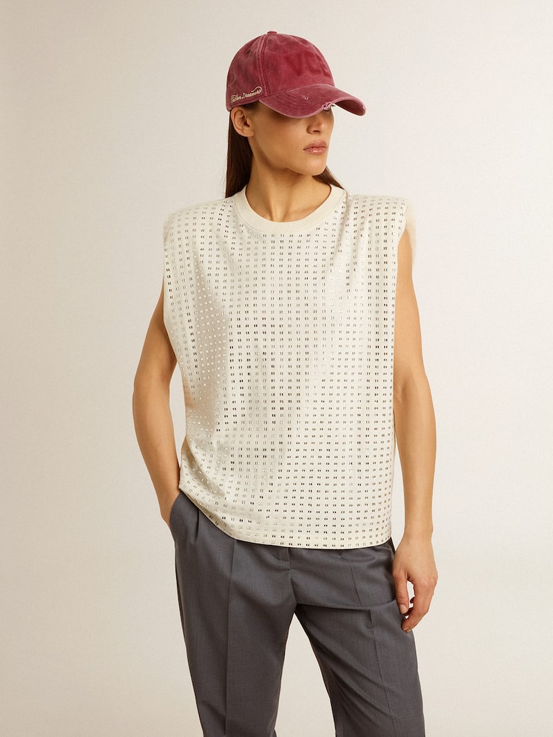 Golden Goose - &Auml;rmelloses T-Shirt in Lived-in-White mit Kristallverzierung in 