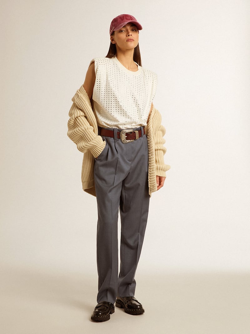 Golden Goose - &Auml;rmelloses T-Shirt in Lived-in-White mit Kristallverzierung in 