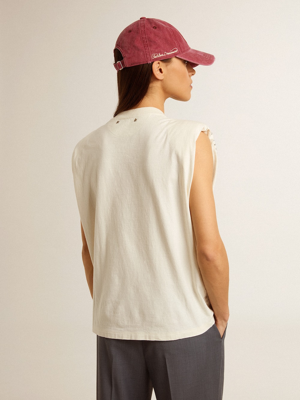 Golden Goose - Aged white sleeveless T-shirt embellished with crystals in 