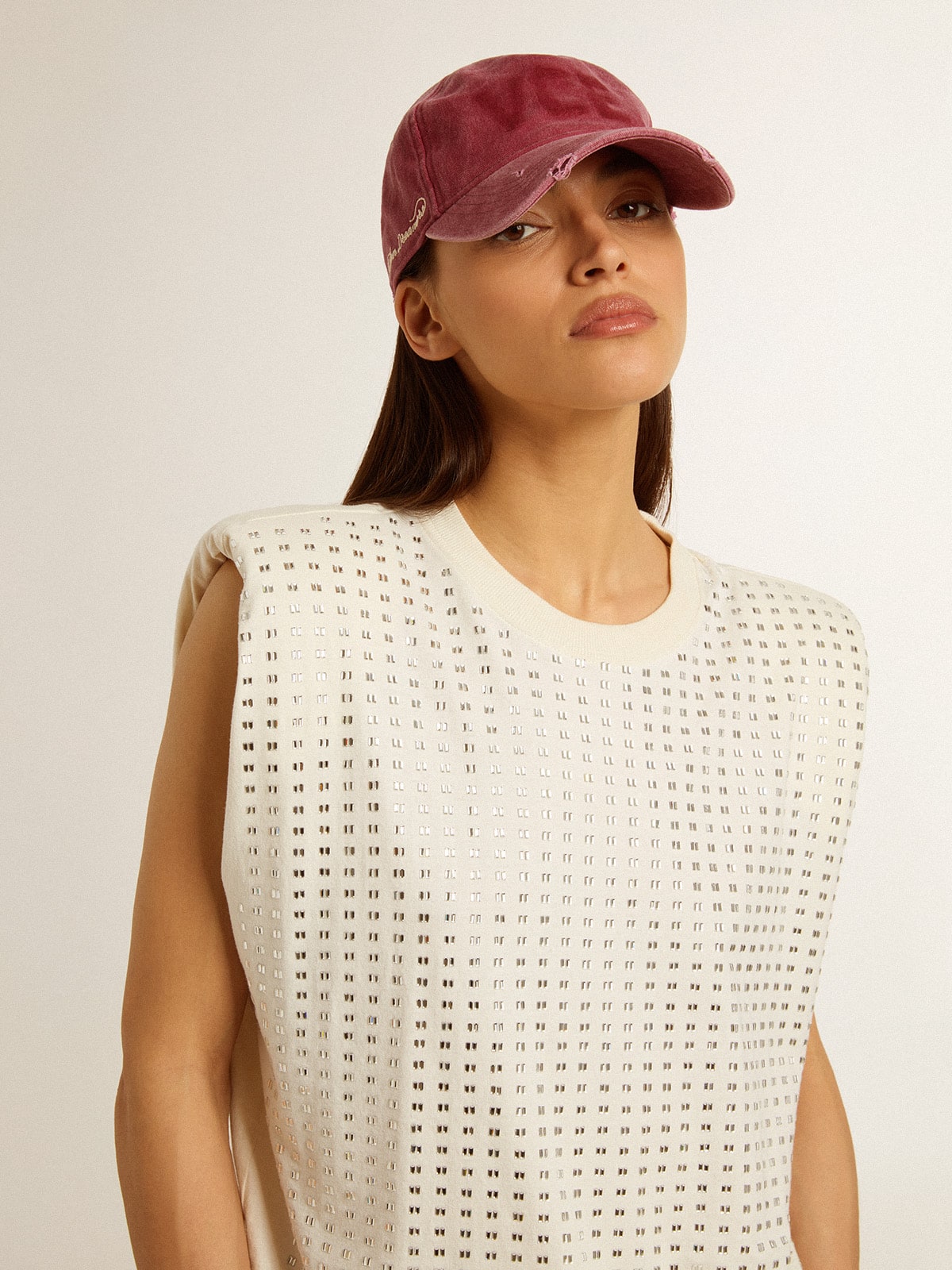 Golden Goose - Aged white sleeveless T-shirt embellished with crystals in 