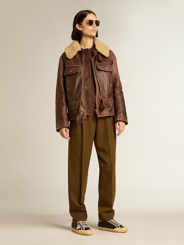 Golden Goose - Wood-colored jacket with detachable shearling collar in 