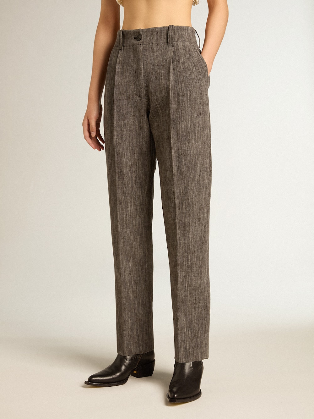 Golden Goose - Pantalón de talle alto de mujer en mezcla de lana jaspeada color gris in 