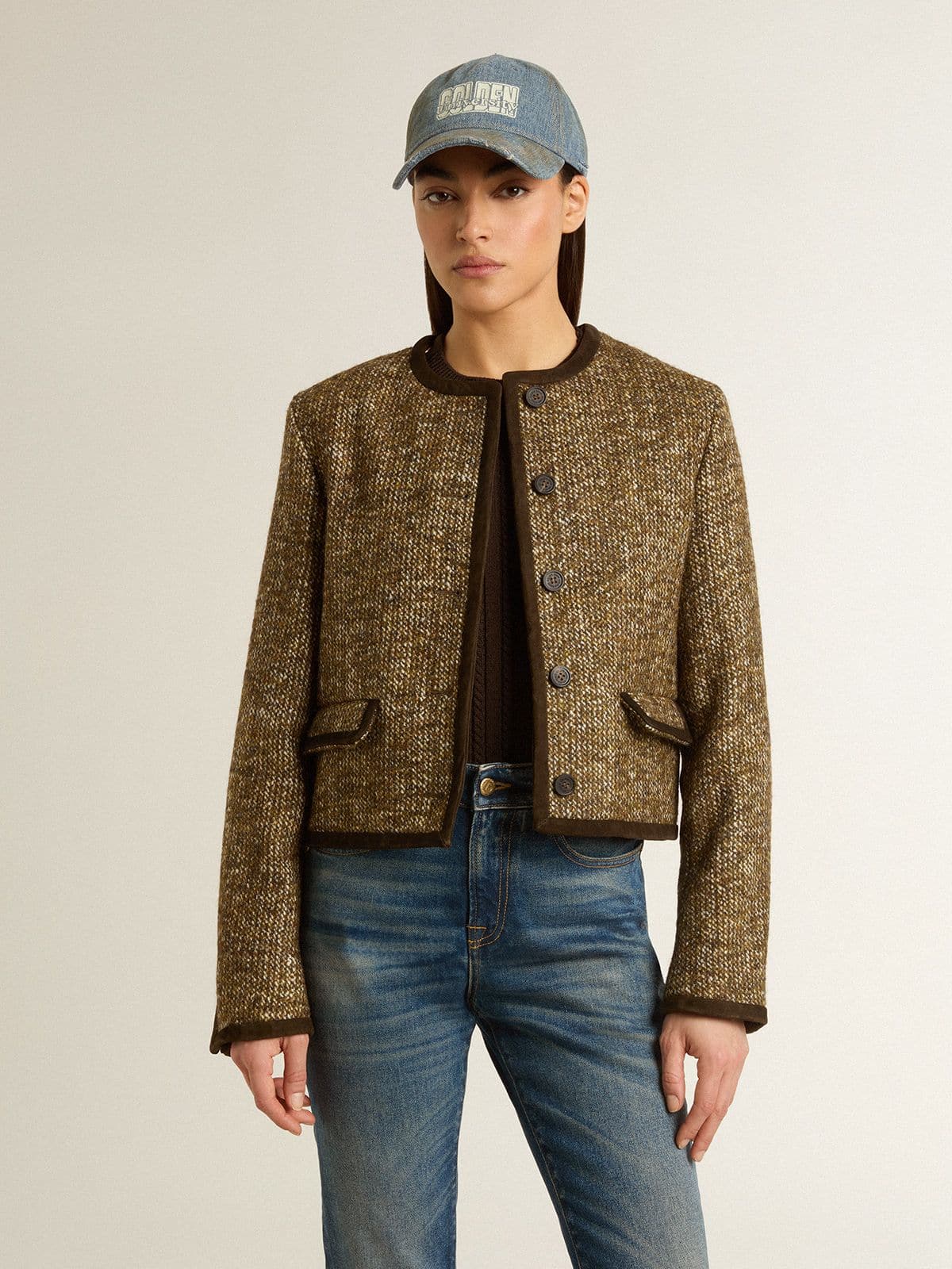 Golden Goose - Damen-Jacke Journey aus Woll-Tweed mit kaffeebraunen Raulederdetails in 