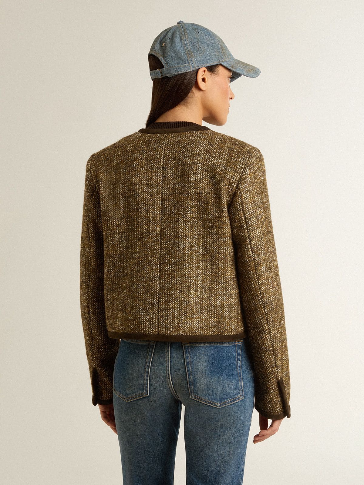 Golden Goose - Damen-Jacke Journey aus Woll-Tweed mit kaffeebraunen Raulederdetails in 