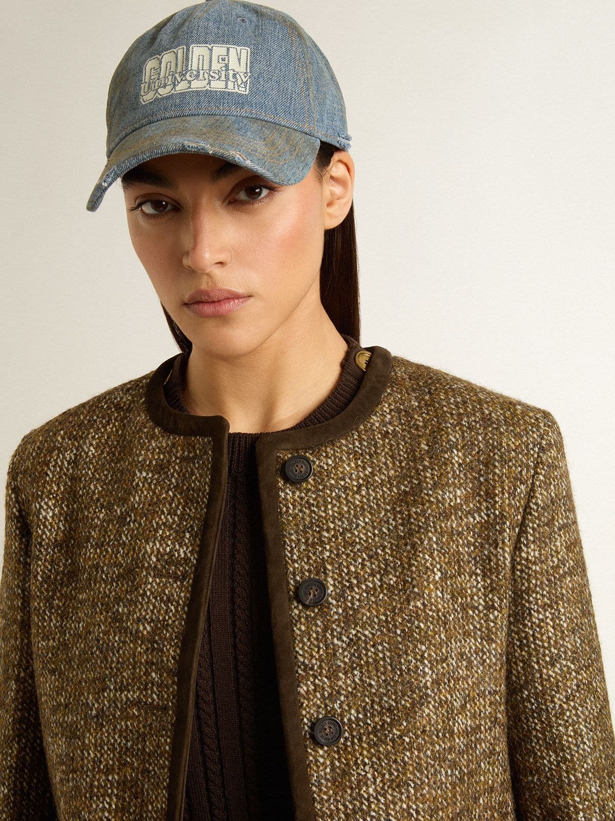 Golden Goose - Damen-Jacke Journey aus Woll-Tweed mit kaffeebraunen Raulederdetails in 