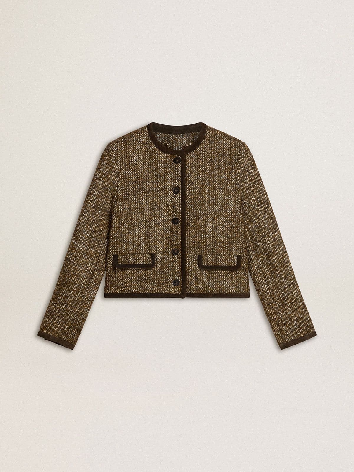 Golden Goose - Damen-Jacke Journey aus Woll-Tweed mit kaffeebraunen Raulederdetails in 