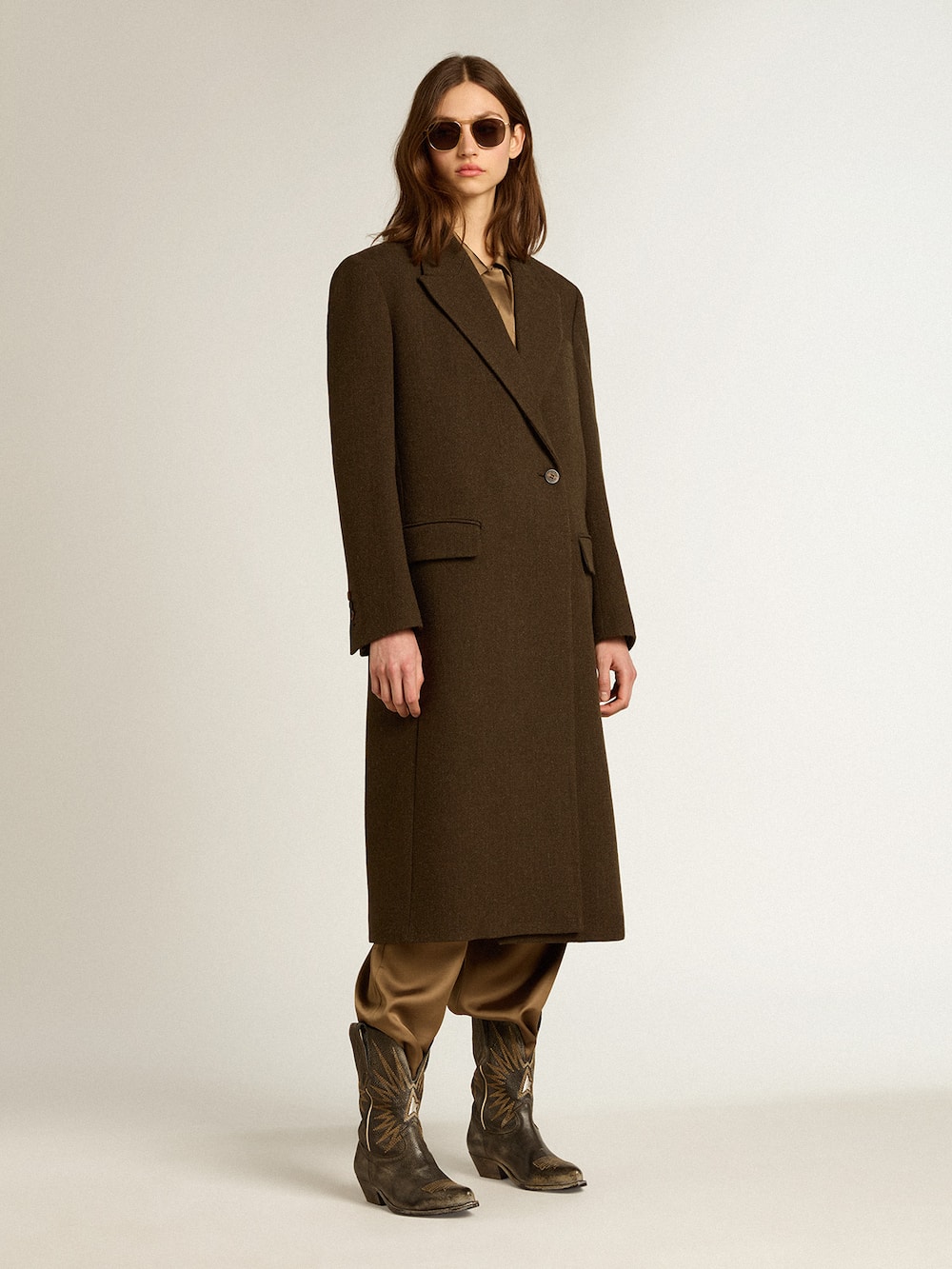 Golden Goose - Women’s one-and-a-half-breasted coat in bark-colored wool in 