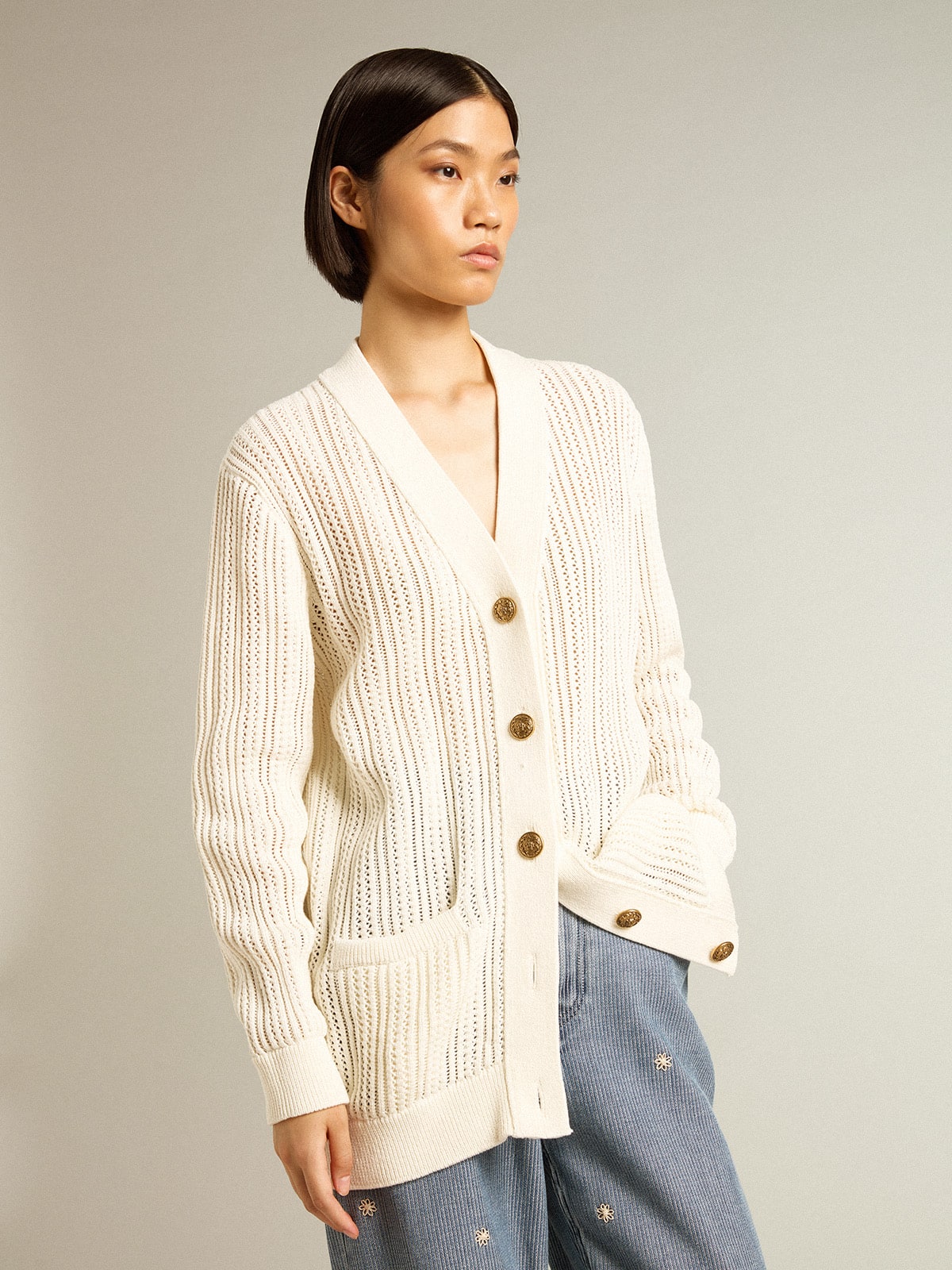 Golden Goose - Cardigan en coton ajouré blanc antique in 