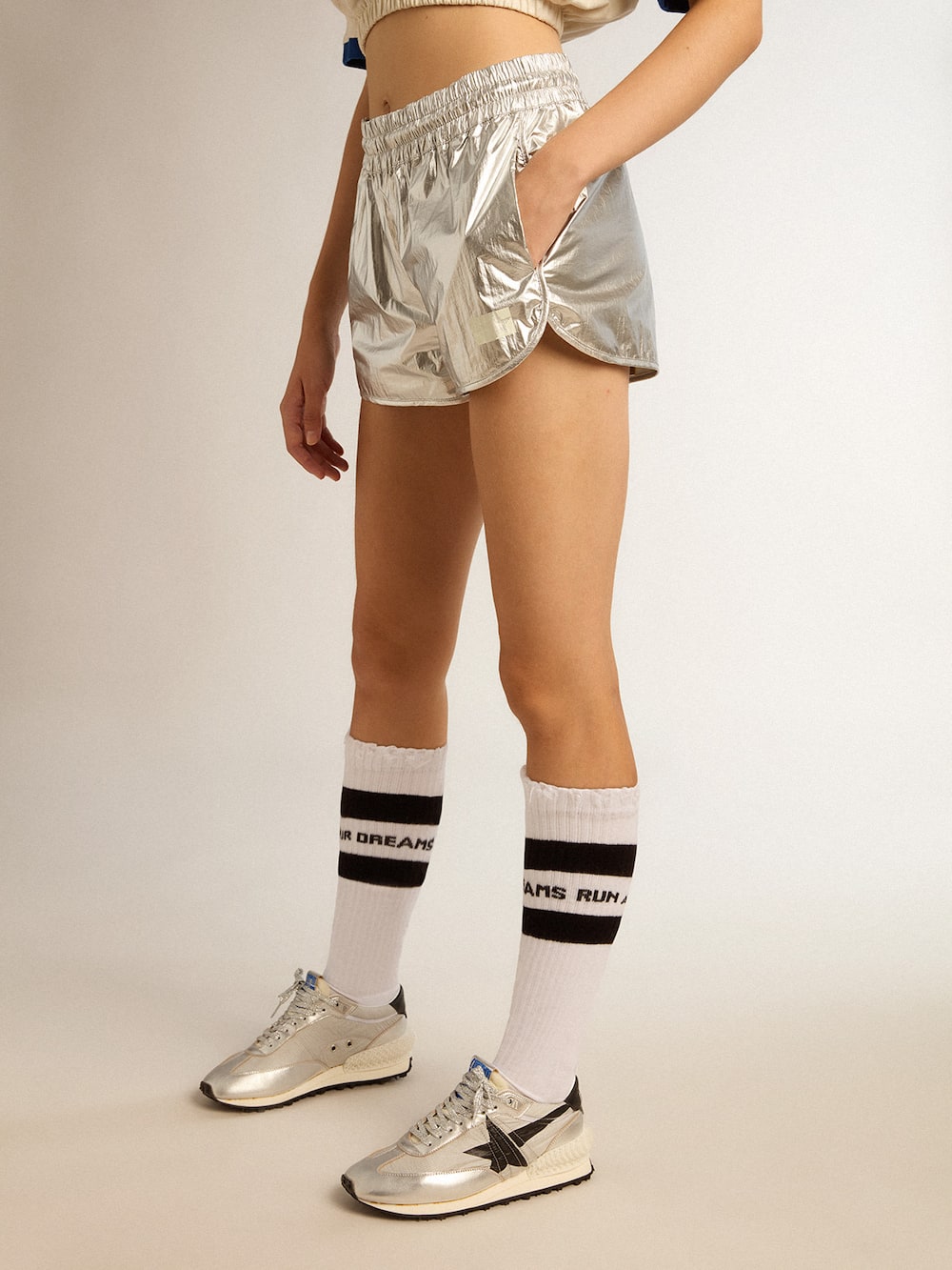 Golden Goose - Women’s running shorts in silver fabric in 