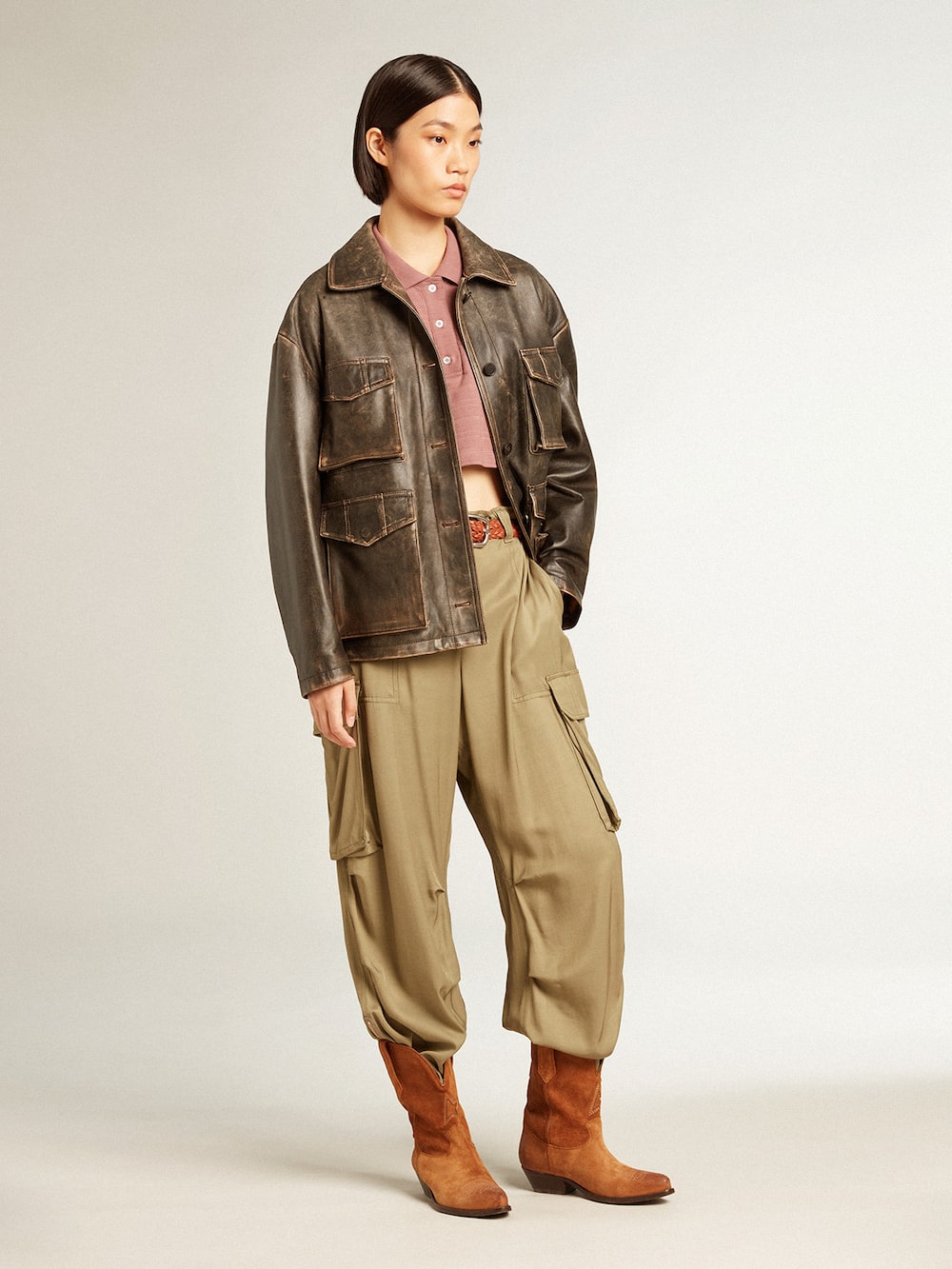 Golden Goose - Cropped-Polohemd aus Baumwollpikee in Rosa-Taupe in 