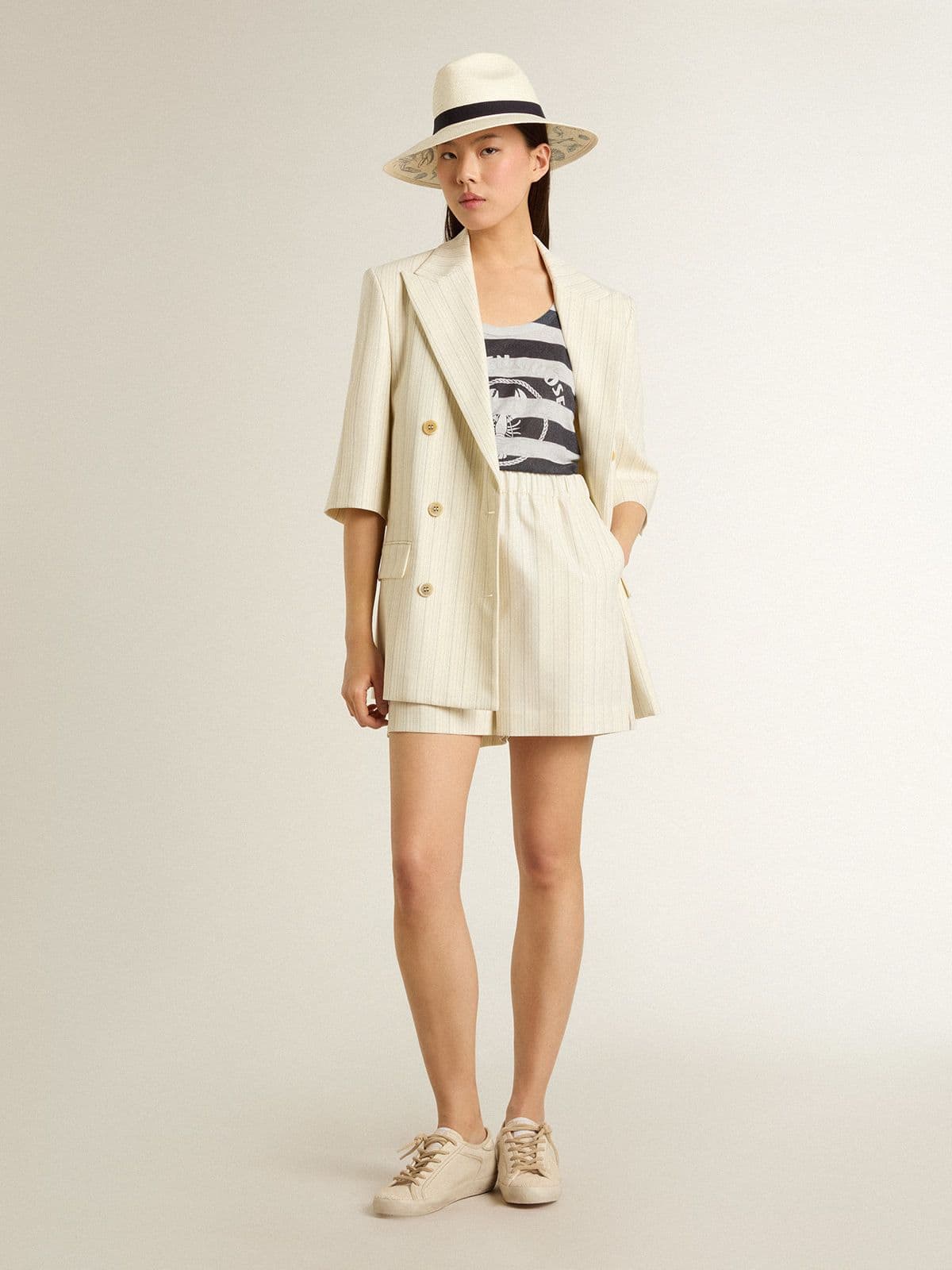 Golden Goose - Women's white and blue striped linen jersey top with lobster print in 